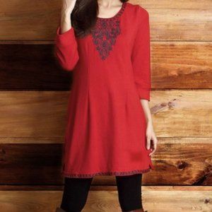 Red Embroidered Floral Shift Tunic